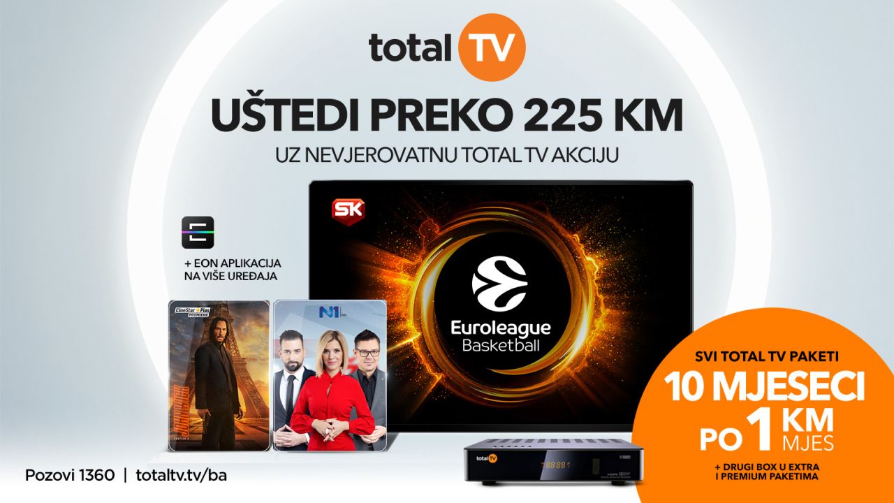 Izaberite svoj Total TV paket za samo 1 KM mjesečno u prvih deset mjeseci i uštedite više od 225 KM!